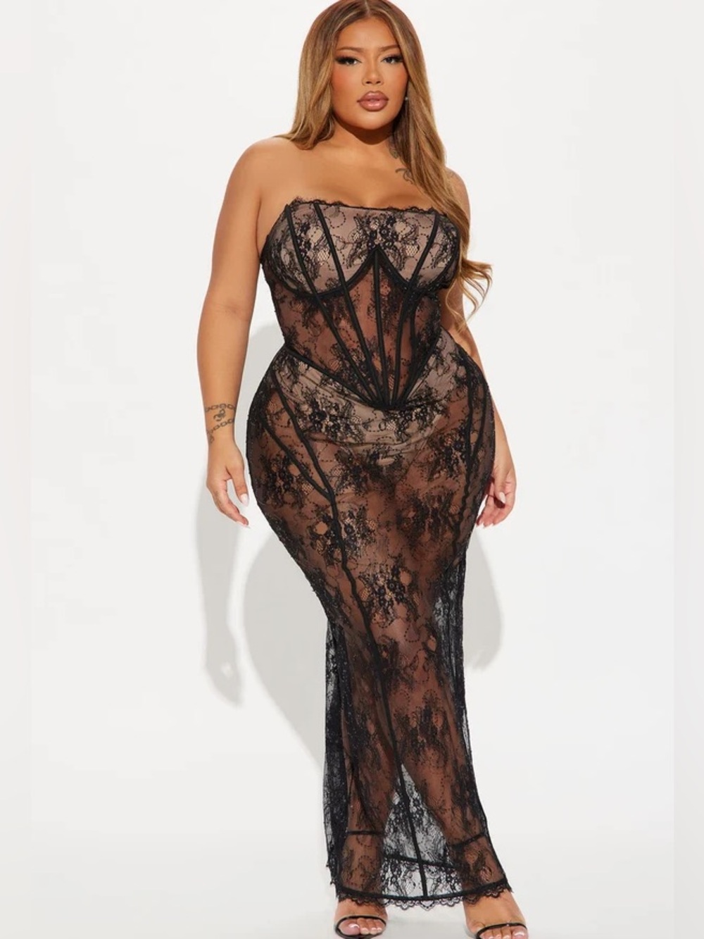 NWT Fashion Nova Lana Black Rhinestone Lace Maxi Dress XL